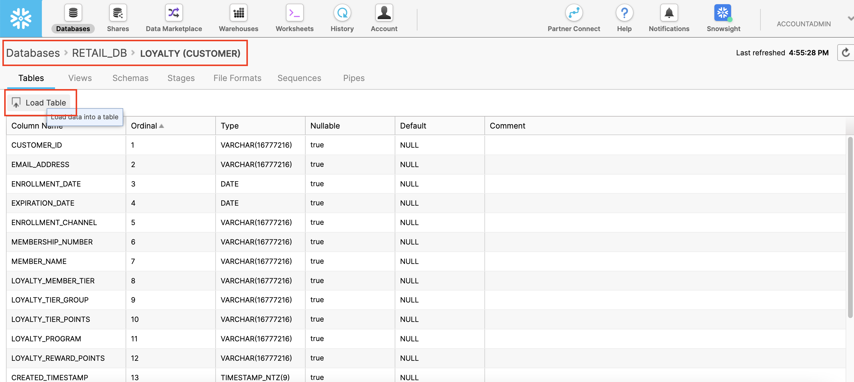 Load data into a table in Snowflake screenshot