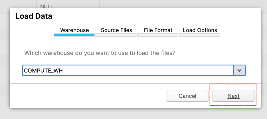 Select the warehouse for loading files in Snowflake screenshot