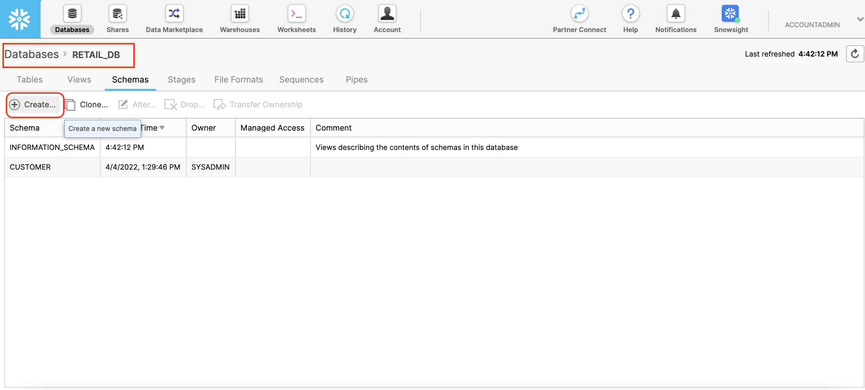 Create a schema in Snowflake screenshot
