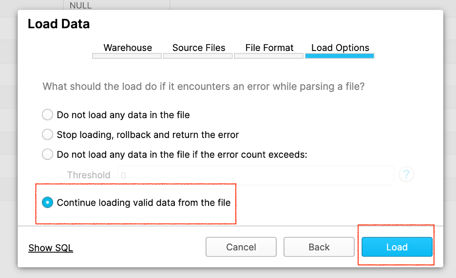 Continue loading valid data option from the file in Snowflake screenshot